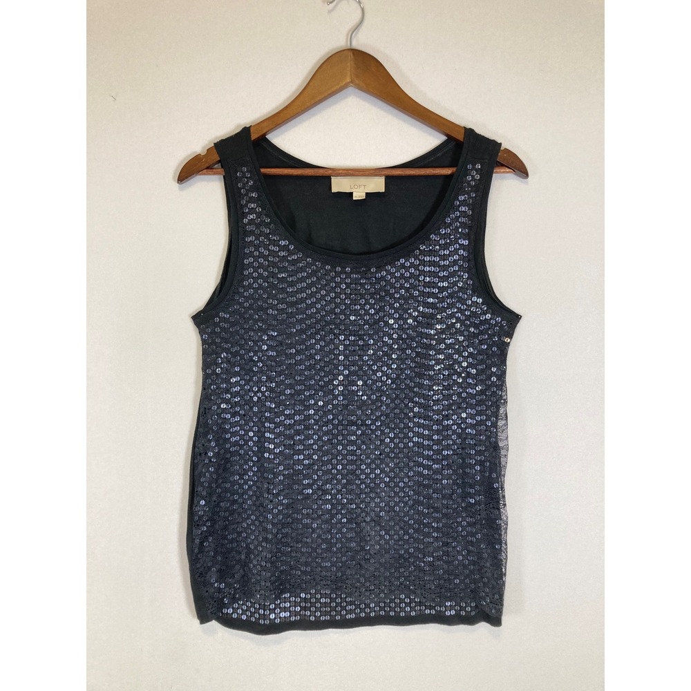 Party Glam LOFT Women Med Black Sequin Lace Front Scoop Neck Tank Top Sleeveless